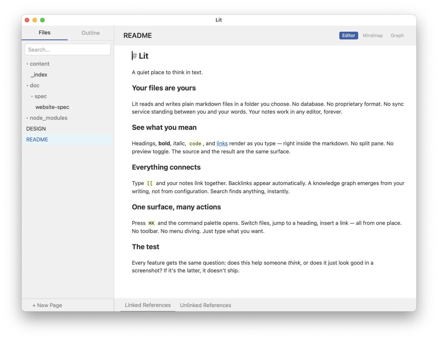 Lit editor showing a markdown document with live preview
